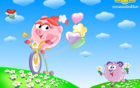 Nyusha on a bicycle in the cartoon Kikoriki