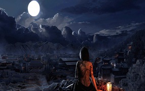 	   Japanese girl looks at the moon