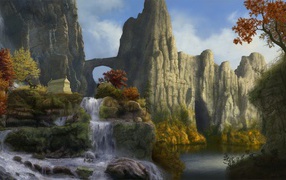 Горный пейзаж с водопадом