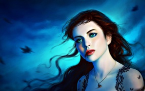 На фоне неба девушка вампир