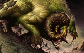 Фантастическое чудовище и скелеты