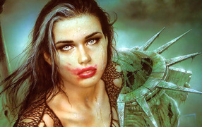 Девушка вампир на фоне статуи Свободы