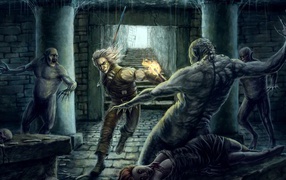 Человек с факелом против монстров