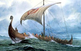 Лодка викингов в бурном море