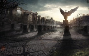 Статуя ангела в разрушенном городе