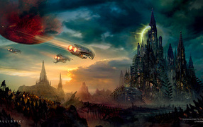 	  Space ships fly to the city