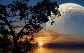 Фантастический закат с луной