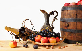 	   Barrel, pitcher and fruit