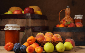 	   Barrels and various fruits