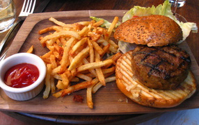 A hamburger and French fries