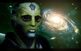 The alien on the background of the galaxy