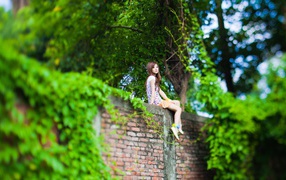 Японка сидит на стене