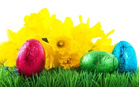 Яйца на фоне желтых цветов на Пасху