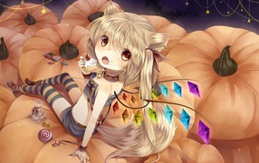 Девочка сидит на тыквах