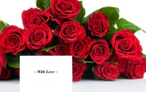 Bouquet of red roses on March 8 with the inscription