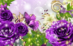 Фиолетовые розы и бабочка, картинка на восьмое марта