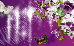 Фиолетовые розы и другие цветы, красивая картинка на восьмое марта