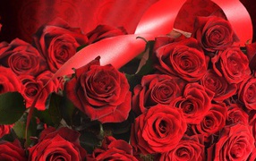 Красные розы на 8 марта с красными лентами