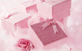 Pink boxes with gifts on Valentine's Day February 14