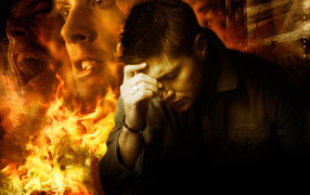 Dean of the series Supernatural on the background of fire