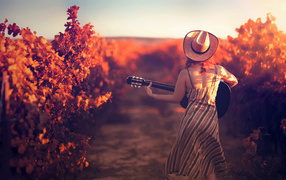 Девушка с гитарой в винограднике