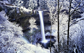 Frozen waterfall in white forest