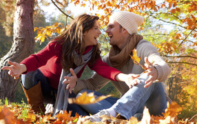 	   Couple in love in the autumn forest