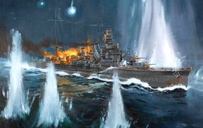 Горящий корабль в фонтанах