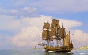 Парусный корабль у маяка