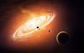 Космический корабль летит к галактике