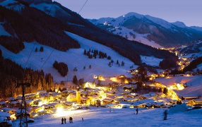 Evening ski resort Saalbach Hinterglem, Austria