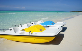 Boats on the beach in the resort of Cayo Santa Maria, Cuba