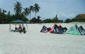 Camp surfers on the beach in the resort of Cayo Guillermo, Cuba
