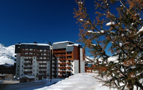 Ель на фоне дома на горнолыжном курорте Валь-Торанс, Франция