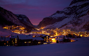 Night lights at the ski resort of Val d'Isere, France