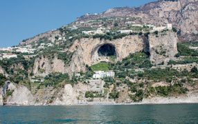Cave in the mountainside at the resort in Amalfi, Italy