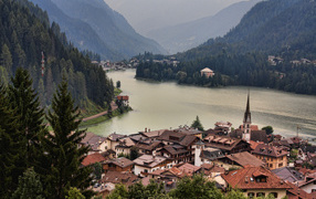 Lakeside city at the resort Alleghe, Italy