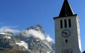 The clock tower at the ski resort Cervinia, Italy