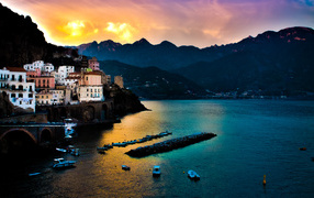 Tyrrhenian Sea and the town of Amalfi, Italy