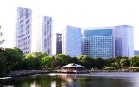 Lake on the background buildings in Tokyo