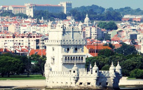 Belem Tower in Lisbon on background