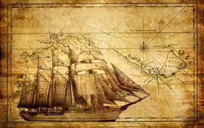 Старинный корабль и карта мореплавателя