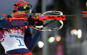 Обладатель золотой медали в дисциплине биатлон Уле Эйнар Бьердален на олимпиаде в Сочи