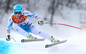 Обладатель золотой медали в дисциплине горные лыжи Маттиас Майер на олимпиаде в Сочи