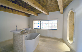 Bathroom with wooden roof