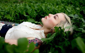 Блондинка лежит в траве