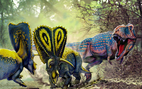 Colorful dinosaurs in battle