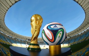 Кубок и мяч Чемпионата Мира по футболу в Бразилии 2014 на стадионе