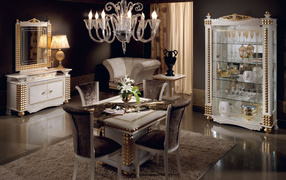 Столовая оформлена в темных тонах