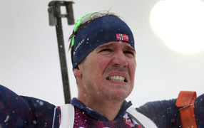 Gold medalist Norwegian biathlete Emil Hegle Svendsen at the Olympics in Sochi